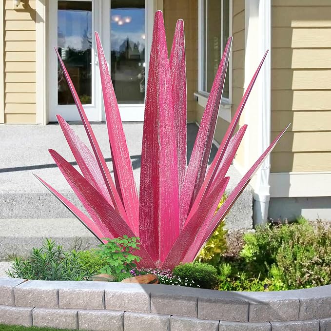 KODIBO 24" Metal Agave Plant Outdoor Decor, Large Yard Sculpture, Rose Red | Hand-Painted Finish, Outdoor-Resistant Metal, Tequila Rustic Sculpture, Artificial Plants Outdoor, Gifts for Garden Lovers