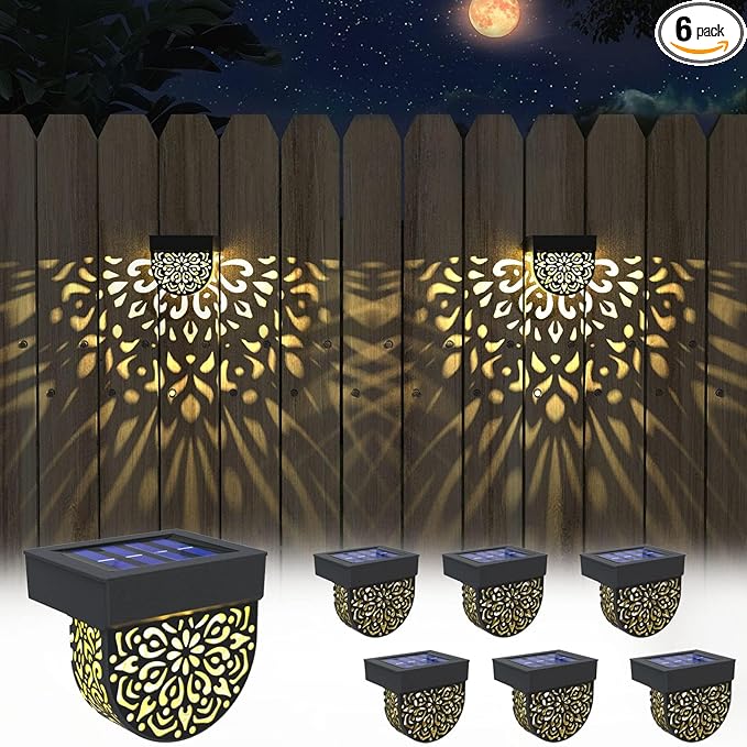 Solar Fence Lights Wall lihgts Outdoor Decorations 6 Pack Solar Step Lights Outdoor Waterproof LED Solar Powered Warm Yellow Decorative Lighting for Front Door, Backyard, Post(Black)
