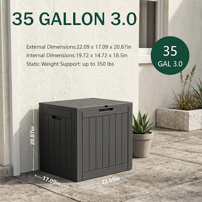 Outdoor Storage Box, 35 Gallon Waterproof Deck Box [Upgraded 3.0], Quick Snap-Lock Resin Cabinet for Seat Pillows, Patio Blankets, Lockable End Table Beverage Stand, Apartment Deck, Black