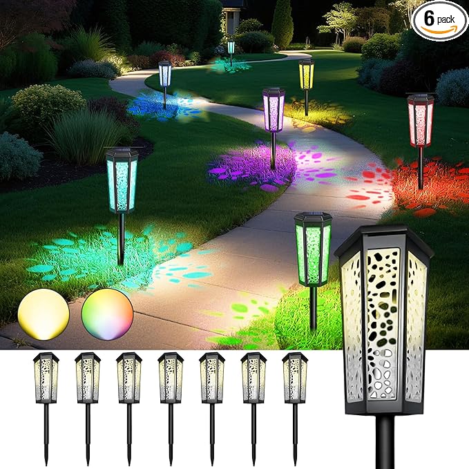 Colored Solar Powered Pathway Landscape Lights Outdoor Warm White & RGB Dusk to Dawn Waterproof for Garden Sideway Outside, Patio, Path, Yard, Walkway, Driveway, 2 Modes 8 Pack Accent Modern Design