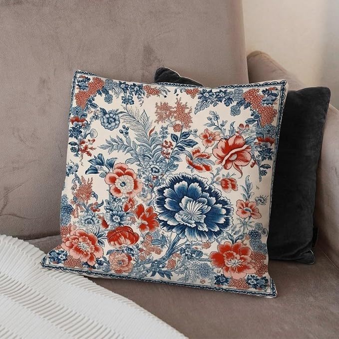 Pillow Cover Chinoiserie Tree Peony Bird Cushion Cases Farmhouse Floral Coral Turquoise Navy Pillow Cover Accent Farmhouse Decor Pillow for Sofa Bed Chair Car 18x18 in