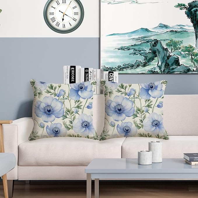 Waterproof Blue Floral Throw Pillow Covers 18x18 inch Set of 2 Outdoor Flower Pillow Cases Anemones Decorative Cushion Covers for Summer Decoration