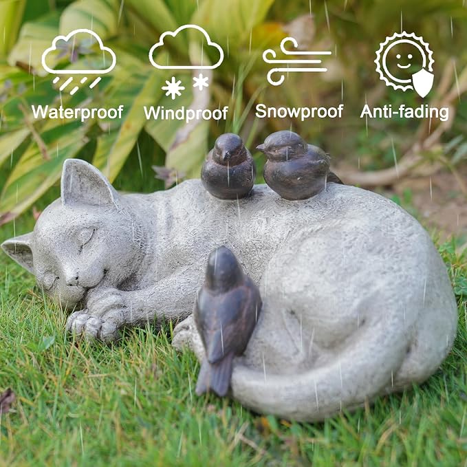 Sleeping Cat Garden Statues Outdoor - 12" Sparrows On Cat Figurine Memorial Statue Grave Markers Garden Resin Statues for Outdoor Decor Outdoor Statue Resin 12" x 8" x 4.5"