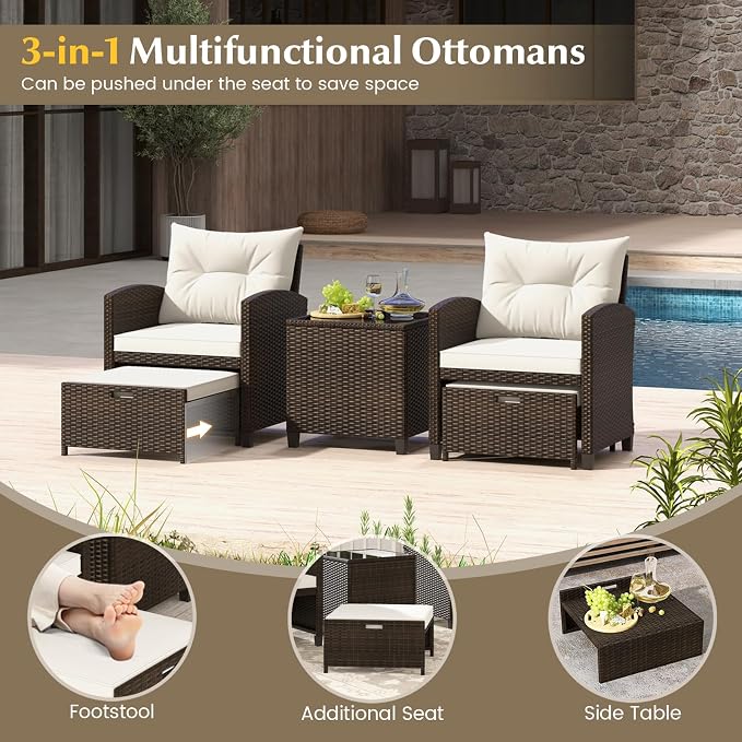 KOTEK 5 Pieces Patio Furniture Set with Ottomans, Wicker Patio Conversation Set with Coffee Table & Cushions, PE Rattan Outdoor Lounge Chairs for Backyard, Porch, Poolside (Mix Brown- Off White)