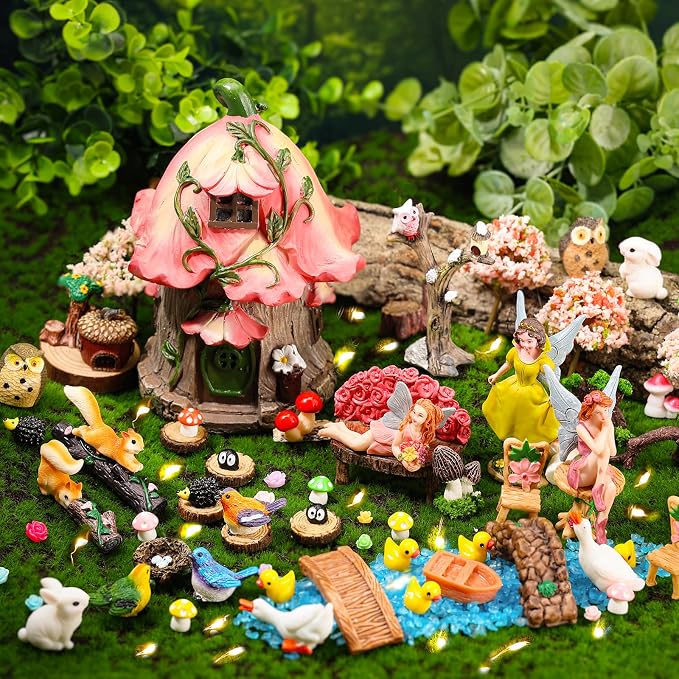 93 Pcs Fairy Garden House Resin Accessories Fairy Elves Kit Miniature Fairy Figurines Ornaments Animals Decor Outdoor for DIY Dollhouse | Mini Resin Fairies Animals Ornaments Set Village Decor Outdoor for DIY Dollhouse Supplies