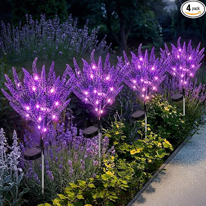 VIHOSE 4 Pack Purple Solar Lavender Stake Lights IP65 Waterproof Outdoor LED Flower Light with Upgraded Solar Panel for Outside Yard Patio Landscape Lawn Garden Decorative for Mom Grandma Gifts