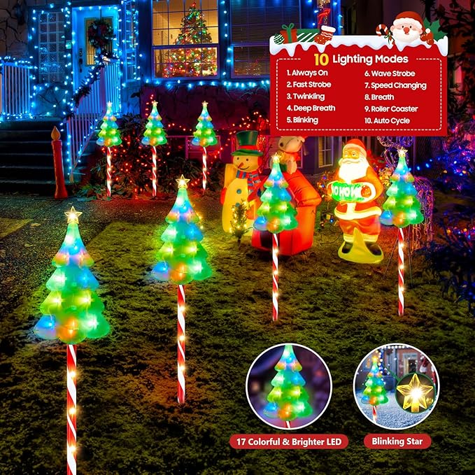 ELECLINK 25" Larger Outdoor Christmas Decorations, 6 Pack Colorful Solar Candy Cane Christmas Tree Lights with 10 Lighting Modes and Bright 102 LED, Waterproof Solar Christmas Tree for Pathway Yard