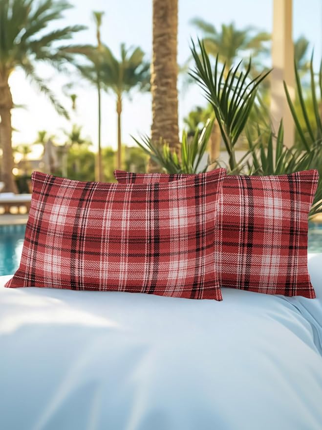 Waterproof Outdoor Pillow Set of 2 Red Checked Plaid Decorative Throw Pillows Cover & Insert 20x12 Inch Lumbar Pillowcase Stripes Woven Grid Pillows for Couch Sofa Bed Patio Furniture Indoor Outdoor