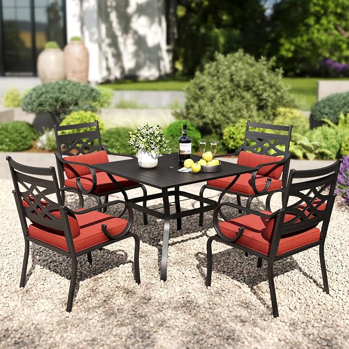 PHI VILLA Patio Dining Set, 37" Square Metal Table | Metal chairs, Red, Umbrella Hole, Cushions, E-coated