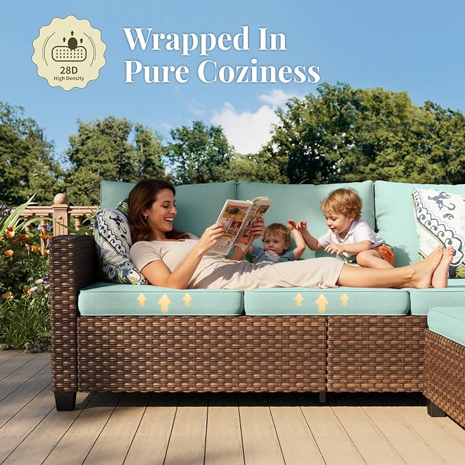 MIXPATIO Patio Furniture Set, 5 Pcs Wicker Rattan Outdoor Conversation Set, 2 x Leg Chairs, 1 x 3 Seater Sofa and 2 x Ottoman with 4" Thick Cushion for Garden Backyard Deck, Blue