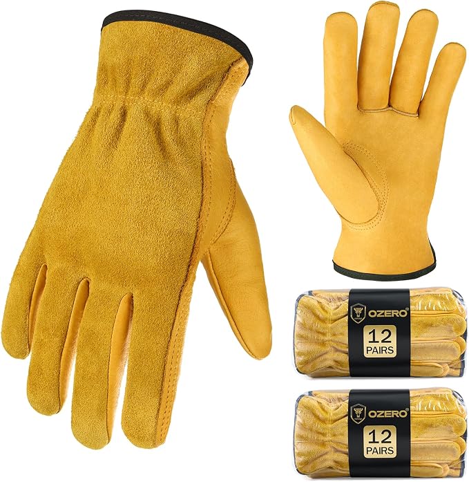 OZERO Leather Gardening Gloves for Men, EN388, 24 Pairs Bulk, Gold, X-Large | Flexible Grip, Keystone Thumb, Elastic Wrist, Breathable Unlined Comfort for Yard Work, Firewood, Landscaping and Farm Tasks