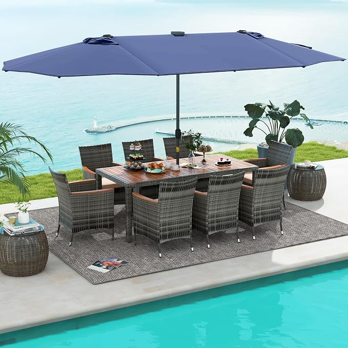 Tangkula 11 Pieces Patio Dining Set with 15 ft Double-Sided Patio LED Umbrella (Base Included), Outdoor Rattan Furniture Set with 8 Armchairs, 1 Rectangular Acacia Wood Dining Table (Navy)