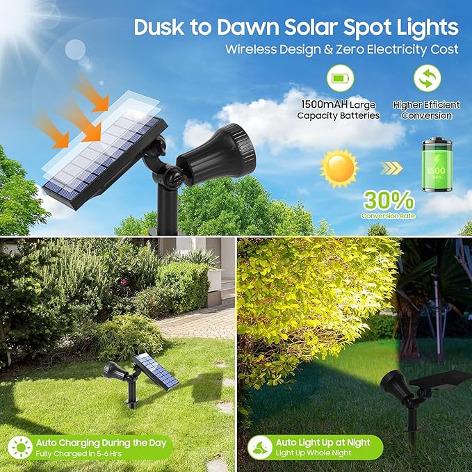 800 Lumens Solar Powered Spot Lights Outdoor - Adjustable Solar Flood Lights with 30 LEDs, 3 Modes, IP65 Waterproof, Solar Light for Landscape, Yard, Garden, Driveway, Tree, Wall(Warm White, 12-Pack)