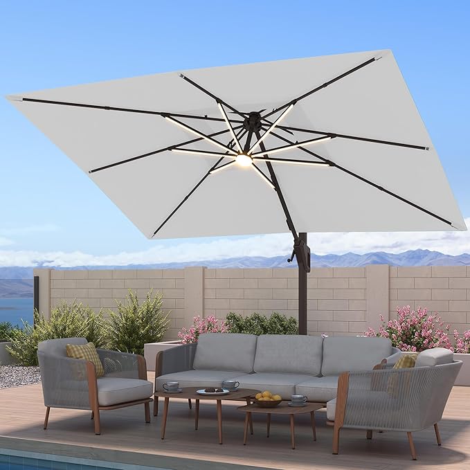 10x13 FT Patio Umbrella with LED Lights Cantilever Outdoor Large Heavy Duty Rectangle Aluminum Offset Umbrellas Double Top 360 Rotation 7 Tilt Adjustment for Pool Deck Garden, Fog grey