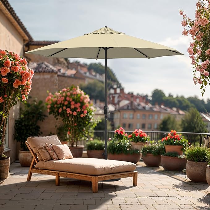 California Umbrella 12-Year Protection 9-Ft Outdoor Patio Umbrella, Sunbrella Fade-Resistant Fabric, Auto-Tilt, Heavy Duty Aluminum Frame, 8 Reinforced Ribs for Pool or Deck, Bronze Pole, Beige