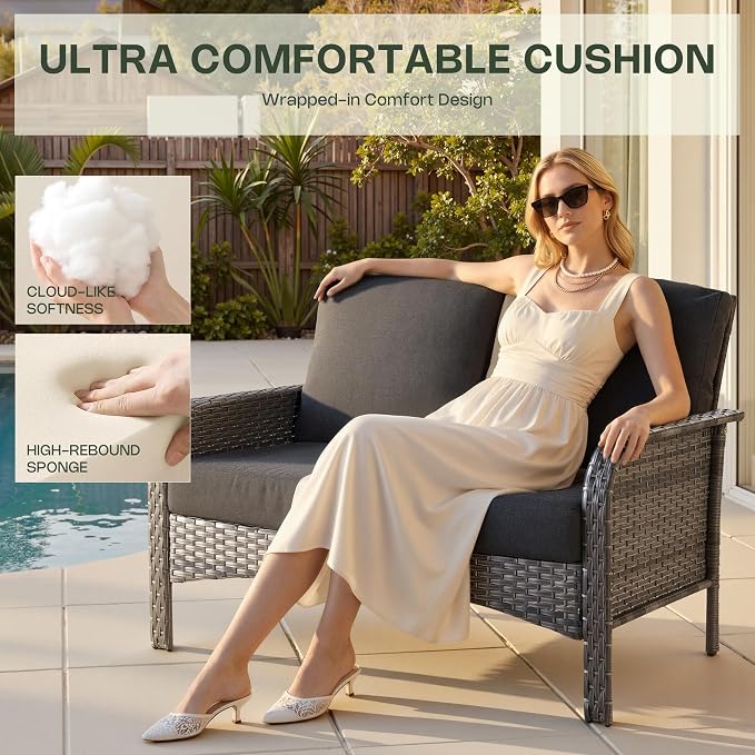 2-Piece Patio Furniture Set, Outdoor Wicker Furniture with Coffee Table, All Weather High Back Loveseat Patio Chairs, Modern Rattan Outdoor Chairs Conversation Set for Porch, Balcony, Garden,Black