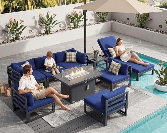 NICESOUL 9 Piece Large Modern Aluminum Patio Furniture Set, Water Resistant Modular Outdoor Conversation Set with Chaise & Fire Pit Table, 500 lbs Durable Modular Sectional Sofa for Garden, Navy Blue
