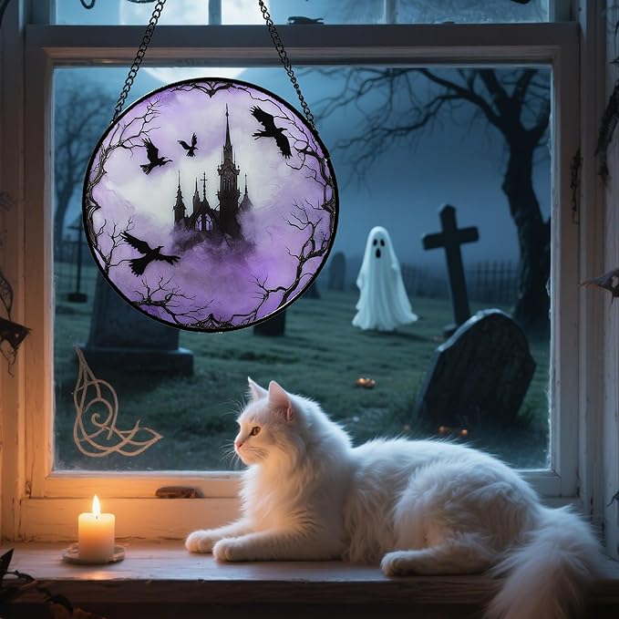 Stained Glass Window Hanging - Halloween Gothic Castle Purple Smoke Suncatcher for Doors Garden Home Spooky Crow Sun Catchers Gothic Decor Horror Gift for Women Men Friend Boy Girl 15 in