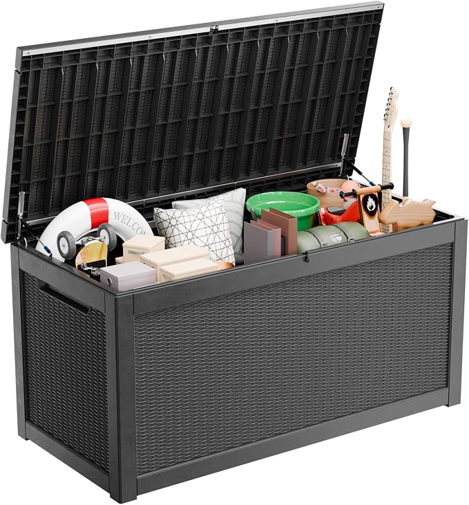 320 Gallon Outdoor Deck Box, Resin Waterproof Storage Box With Lockable Lid, UV-Resistant Multi-Purpose Outdoor Storage Bench for Patio Cushions, Garden Tools, Pool Accessories (Black)