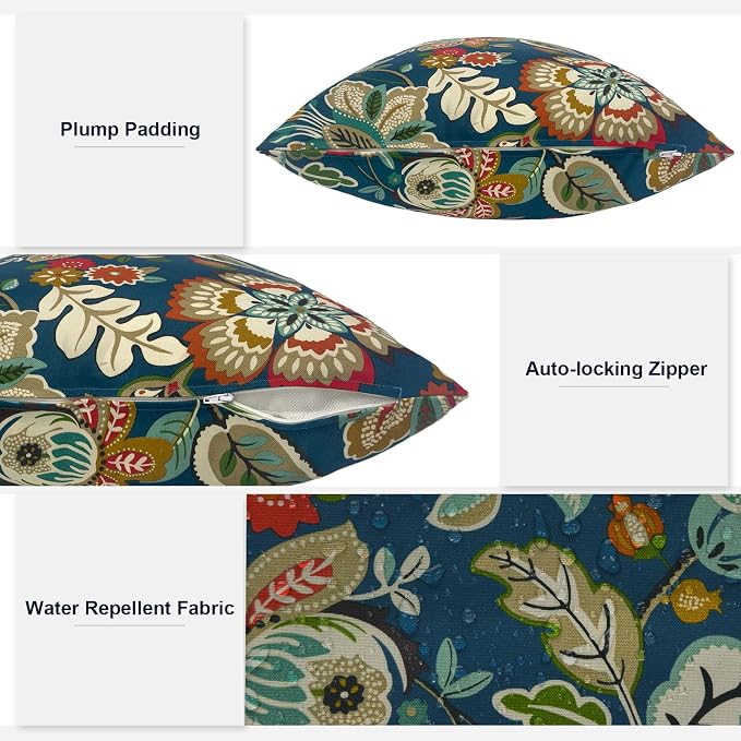 Outdoor Throw Pillows 16x16 Inch, Water Repellent Patio Pillows with Inners Set of 2 for Patio Furniture Home Garden, Peacock Blue