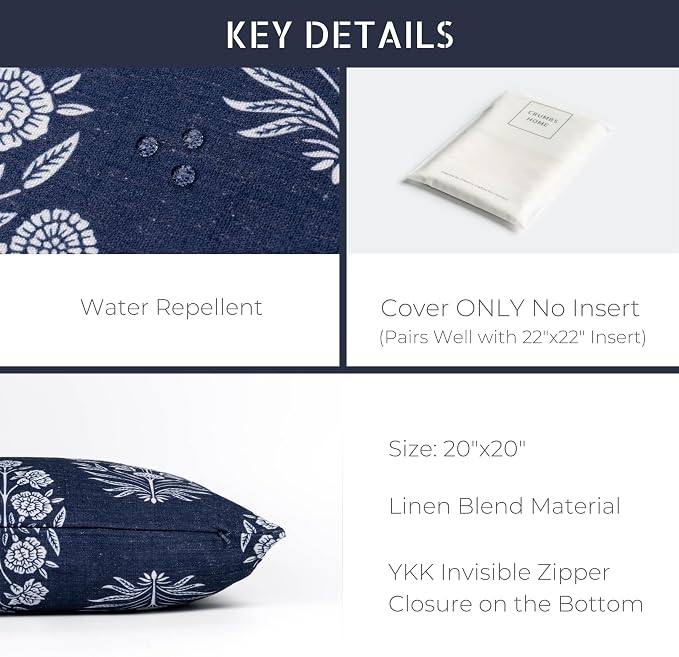 California Casual Coastal Indoor Outdoor Throw Pillow Cover, 20"x20" Water Repellent for Patio, Backyard, Couch, Poolside, Dark Navy Print Floral