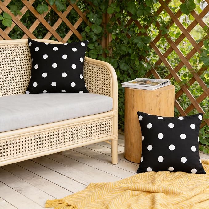 SquarePie Pack of 2 Outdoor Pillow Covers, Waterproof Decorative Throw Pillowcase Shell, Garden Cushion Shams Cases for Spring Patio Couch Balcony Bench,18x18 inch Black Polka Dot