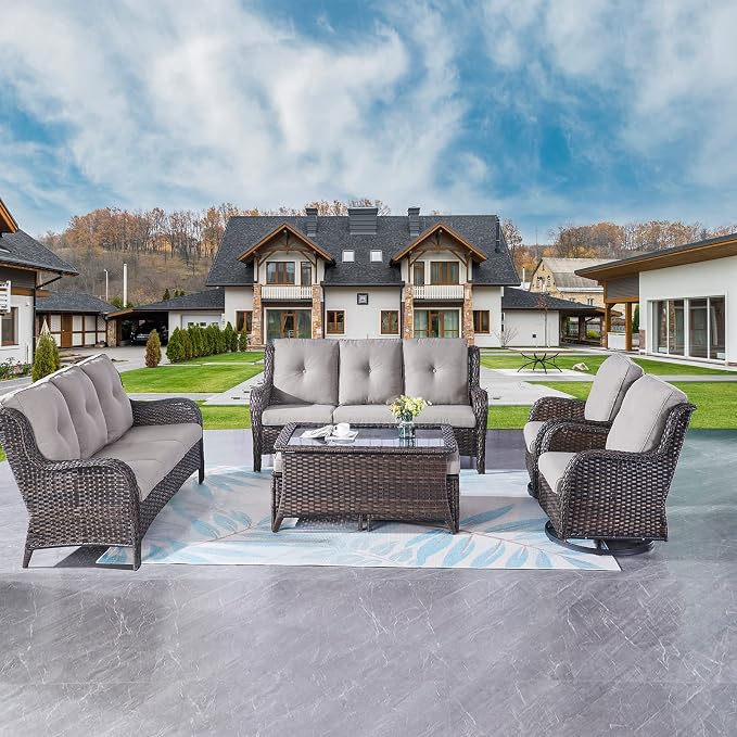 Rilyson Wicker Patio Furniture Set - 7 Piece Rattan Outdoor Sectional Conversation Sets with 2 Rocking Swivel Chairs,2 Ottomans,2 Sofa and 1 Coffee Table for Porch Deck Garden(Brown/Grey)