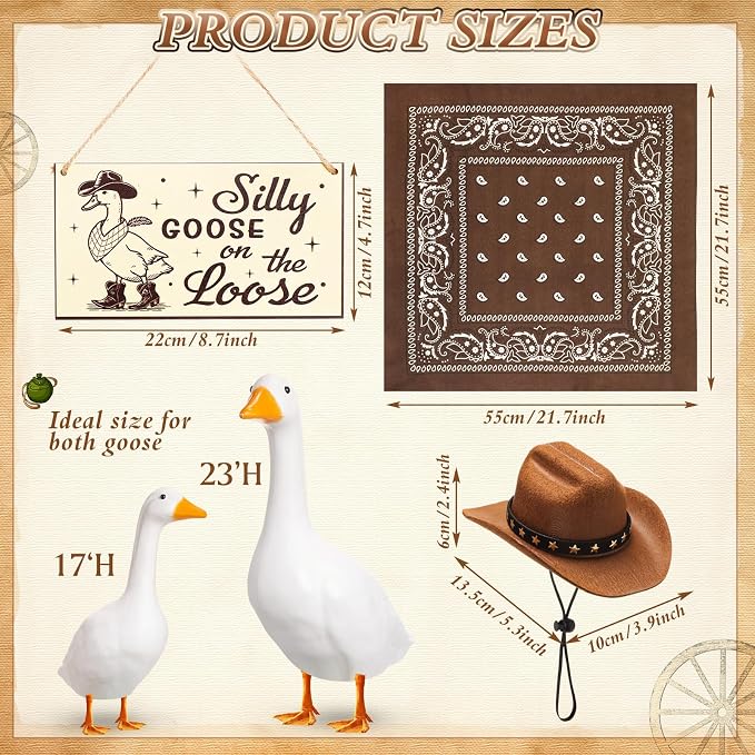 Funny Porch Goose Outfit Decoration Set Silly Goose on The Loose Hangings Sign Cowboy with Outfit Cowboy Hat Bandana for 23" Cement/Plastic Outdoor Statue Patio Yard Lawn Art(Brown)