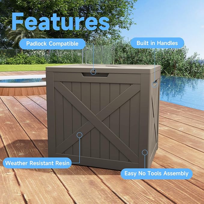 Pepe Tee Waterproof Resin Deck Box, Outdoor Storage Bin for Patio Furniture Cushions, All-Weather Garden Organizer & Seating Bench, Coffee