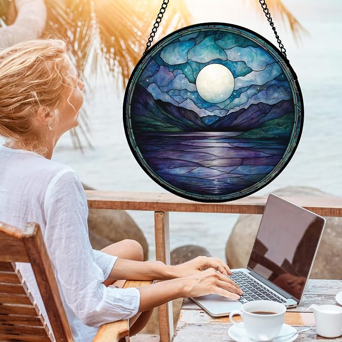 DASTOLL Stained Glass Window Hanging, Blue Night Moon Lake Sun Catchers Colorful Glass Panel Landscape Suncatcher Decor for Birthday for Women, Men, Wife, Aunt, and Mom 14.9x14.9 in