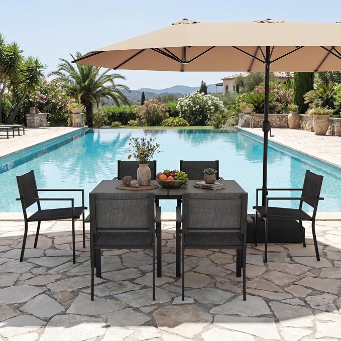 Aoxun 8-Piece Patio Table and Chairs Set & 15ft Patio Umbrella for 6, All Weather Outdoor Dining Set with 6 Textilene Chairs and 1 Rectangular Metal Table for Backyard, Garden, Grey/Beige