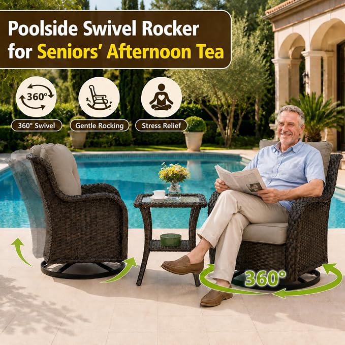 HUMMUH 3-Piece Swivel Rocking Rattan Chair Outdoor, Patio Bistro Furniture Conversation Set,Cushioned Wicker Chair with Glass Coffee Table(Brown, Grey)
