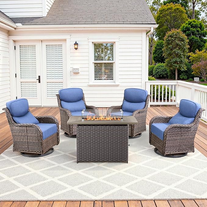 Luxury High Back Patio Furniture Set with Fire Pit Table & 6-Inch Thick Cushions, 5-Pieces Outdoor Furniture with 4 Swivel Chairs, Wicker Conversation Set for Porch, Balcony, Deck and Yard, Brown/Blue