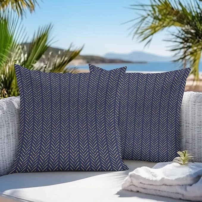 Vandarllin Outdoor Throw Pillows Covers 16x16 inch Set of 2 Waterproof Navy Blue Stripes Decorative Zippered Cushion Covers for Patio Furniture, Modern Art Lines Lumbar Pillowcases