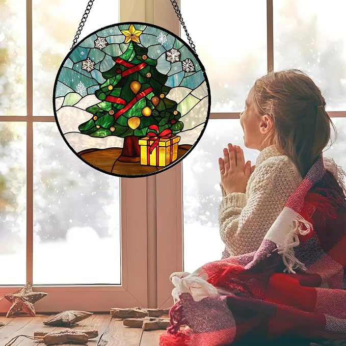DASTOLL Stained Glass Window Hanging Green Christmas Tree Snowflake 6.3" - Suncatcher Door Garden Sun Catcher Xmas Holiday Decor Birthday for Mom Men Woman Friend Nana