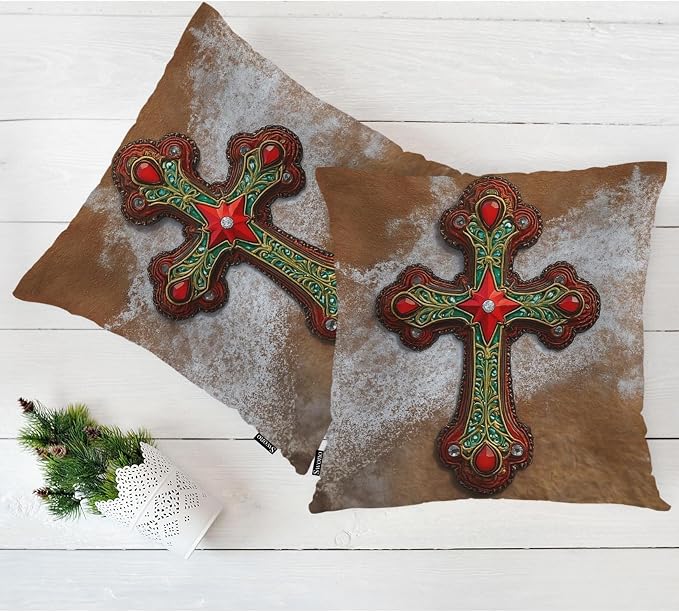 Swono Faux Leather Cross Pack of 2 Throw Pillow Cases, Retro Western Leather Christian Cross Cozy Pillow Cover Square 18"X18" Cushion Case Set Pillowcase Decorative for Home Sofa Bedroom Car Office