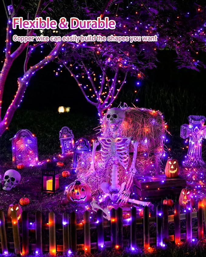 JMEXSUSS Solar Halloween Lights Orange and Purple, 2 Pack Total 200LED 66FT | Outdoor Waterproof, 8 Mode Black Wire Solar Fairy String Lights for Outside Yard Patio Garden Spooky Party Decorations