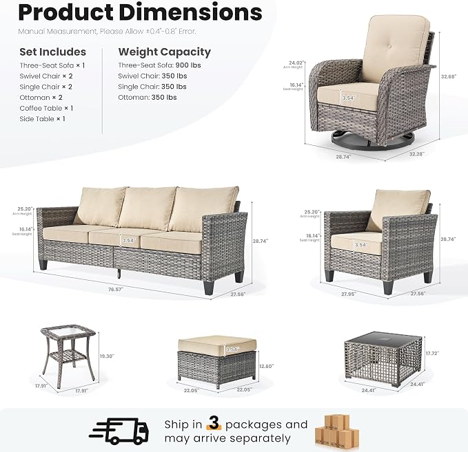 ovios 9 Pieces Patio Furniture Set, Outdoor Wicker Sofa Couch with Swivel Glider Chairs Solar Lights Table, Modern Deep Seat Rattan Conversation Sets for Deck Porch, Beige