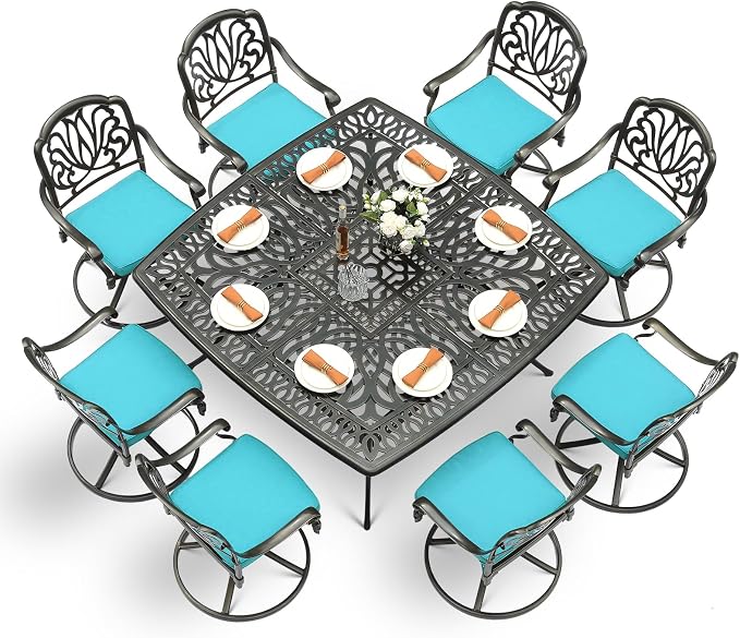 VIVIJASON 9-Piece Outdoor Furniture Dining Set for 8, All-Weather Cast Aluminum Patio Table and Chairs Set with 8 Swivel Rocker Chairs, 64" Large Square Dining Table with Umbrella Hole, Ocean Blue
