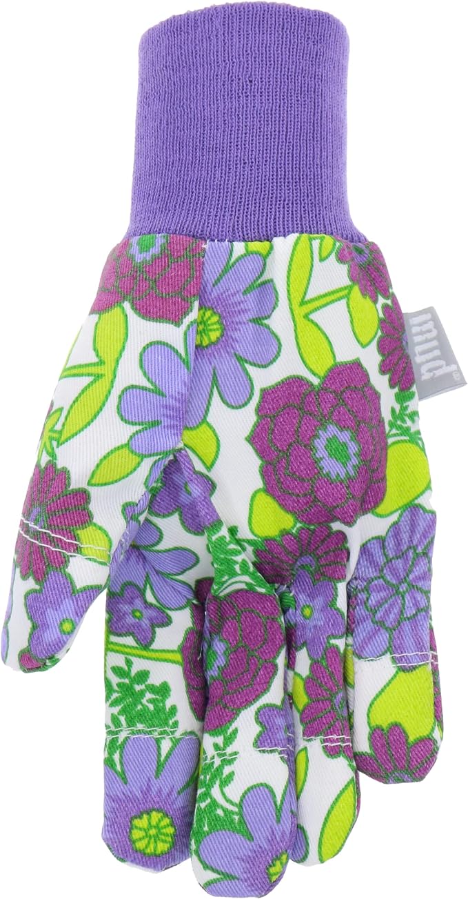 MUD Jersey & Chore Women's Garden Glove, Breathable, Elastic, Reinforced Fingertips, Purple Floral, M/L