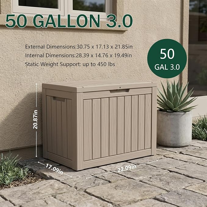 Outdoor Storage Box, 50 Gallon Waterproof Deck Box [Upgraded 3.0], Snap-Together Storage Bin for Chair Cushions, Porch Throw Pillows, Lockable Small Coffee Table Ottoman, Patio Garden, Grey
