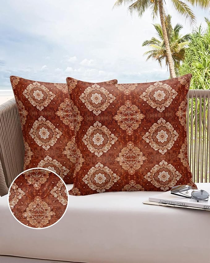 Prime Leader Outdoor Waterproof Pillow Covers Set of 2, Medieval Turkish Patterns Mural Wallpaper Retro Patio Throw Pillow Covers, Decorative Cushion Case for Couch Sofa Furniture Garden, 26x26 Inch