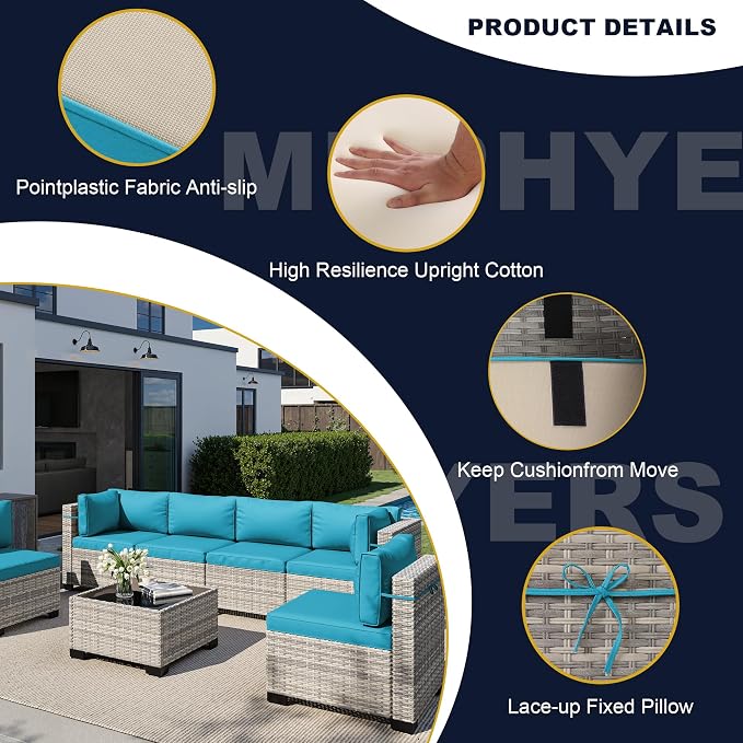 11-Piece Outdoor Patio Furniture Set with Rocking Swivel Chair, Wicker Rattan Sectional Sofa Conversation Set with 55,000 BTU Fire Pit Table, Backyard Furniture, Turquoise