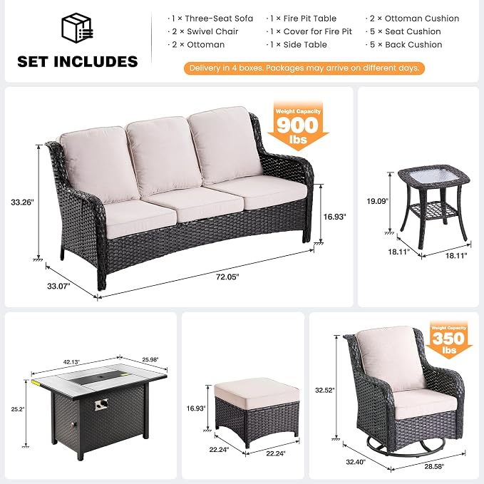 ovios 7-Piece Patio Furniture Set with Swivel Chairs Side Table, Outdoor Wicker Sofa with 42" Fire Pit Table, High Back Couch Modern Conversation Sets, Brown/Beige