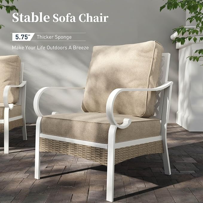 SUNSHINE VALLEY 6 Piece Metal Outdoor Patio Furniture Set, Patio Conversation Set 1 3-Seater Sofa, 2-Seater Sofa, 2 Fixed Chair with 5.75" Thick Cushion & Coffee Table White Backyard Furniture, Beige