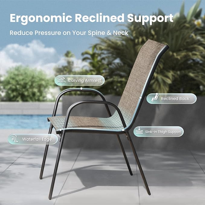 PHI VILLA 5 Piece Outdoor Dining Set, Stackable Patio Chairs & Metal Table | Textilene mesh chairs & 37'' Square Table. E-coated metal frame for patio, deck, lawn, garden. Rust-resistant, easy-clean