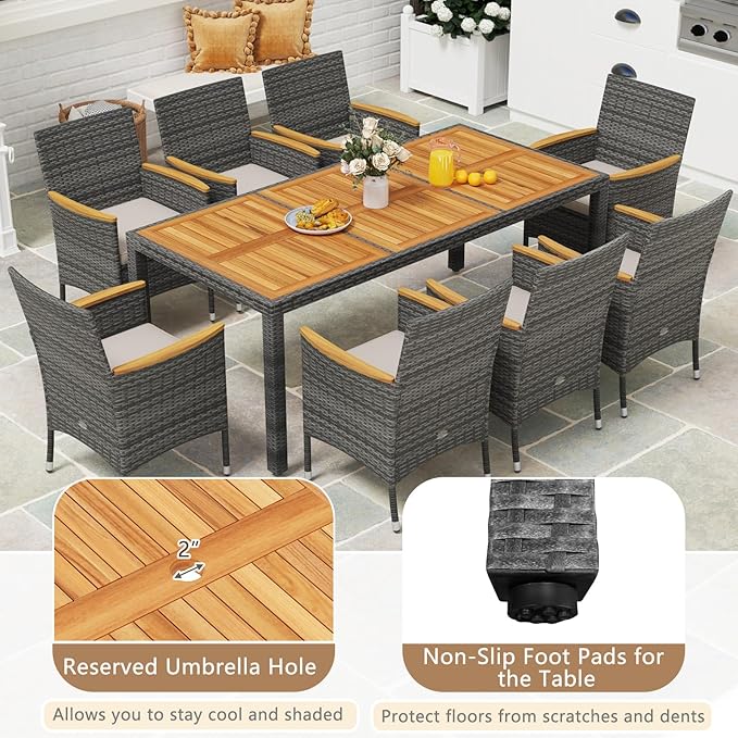 HAPPYGRILL 9 Pieces Patio Dining Set for 8, Outdoor Acacia Wood Table and Rattan Chairs with 2" Umbrella Hole, Cushions, Wicker Outdoor Dining Furniture Set for Backyard, Garden, Deck