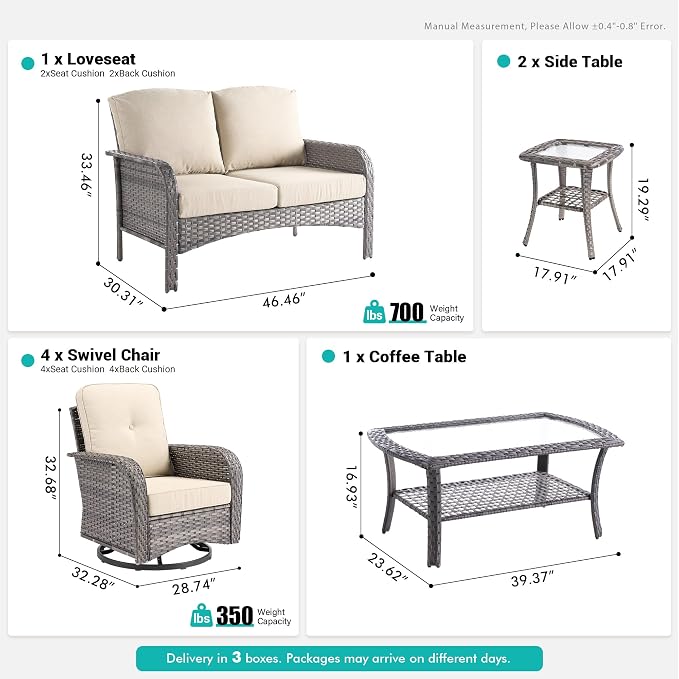 8 PCS Patio Outdoor Furniture Set with Swivel Rocking Chairs,All Weather Wicker Rattan Patio Seating Sofa and Chairs Set,Outdoor Conversaiton Sets for Deck Yard Prrch Garden Poolside,Beige