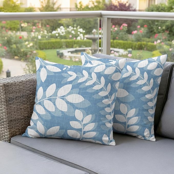Sky Blue Leaves Outdoor Waterproof Throw Pillow Covers 24x24 Set of 2, Farmhouse Botanical Branch Vintage Boho Leaf Decorative Pillowcases Cushion Pillowcase for Couch Sofa Patio Pillow Protector