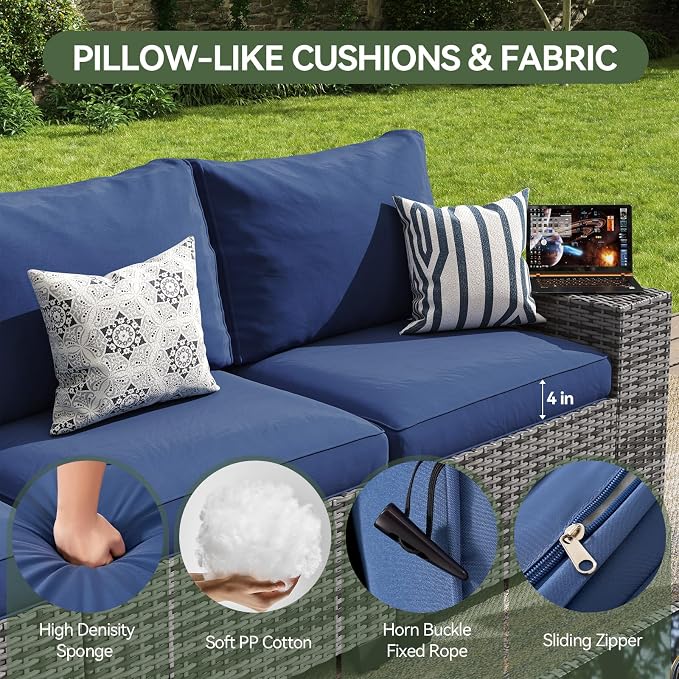 Aoxun Patio Furniture Set, 12 Pcs Outdoor Patio Furniture Sets with 4 in Thicken Cushion and Coffee Table, Widen Armrests Wicker Outdoor Sectional for Backyard & Garden, Navy Blue